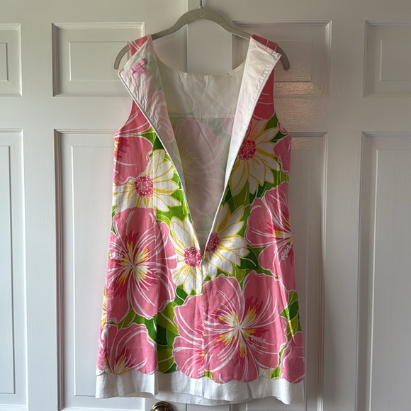 LILLY PULITZER LARGE FLORAL SHEATH DRESS PINK GREEN WHITE SIZE 12 PREPPY COTTON - Picture 7 of 11